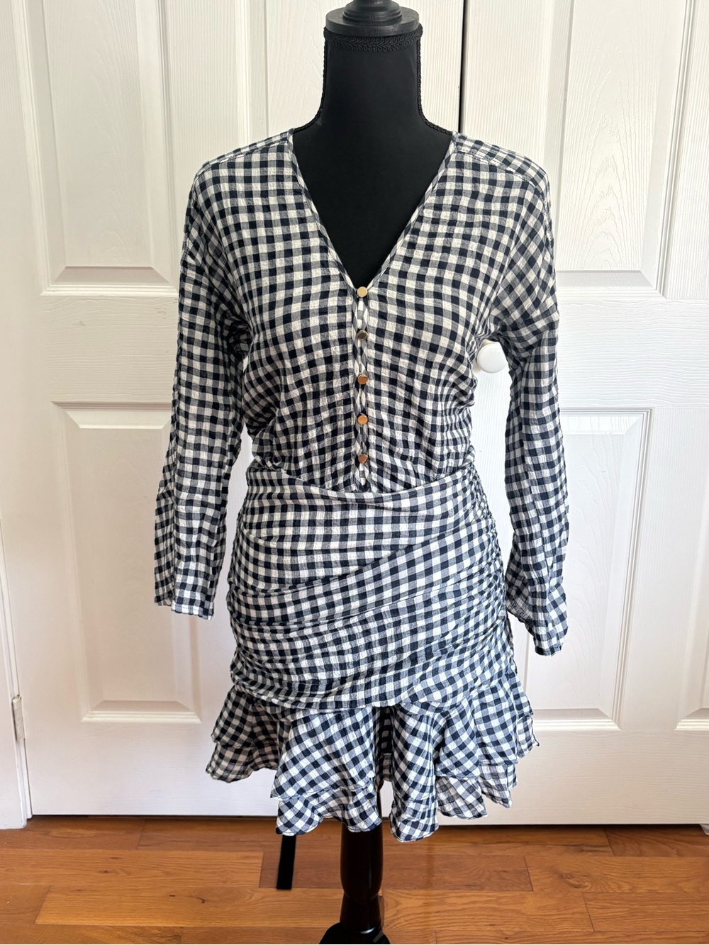 Veronica Beard Navy and White Gingham Ruffle Hem Dress